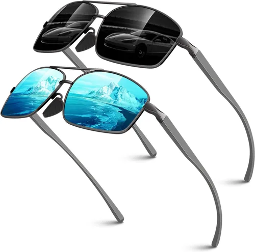 Vista 9 de Lentes de sol polarizados para hombre, ultra ligeros Al-Mg con bisagras de resorte, 100% protección UV400 para hombre Lente gris oscuro del marco