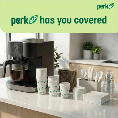 Vista 7 de Perk Staples Vaso frío plástico compostable, 12 onzas, transparente/verde, 300/cartón (PK56195)