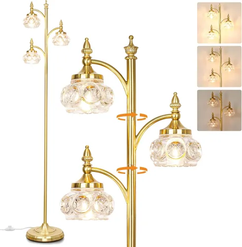 Vista 24 de JUNNAI Lámparas de pie negras para sala de estar, lámparas de pie de 66.5 pulgadas con pantalla de cristal, luces de brillo de 3 vías, lámpara