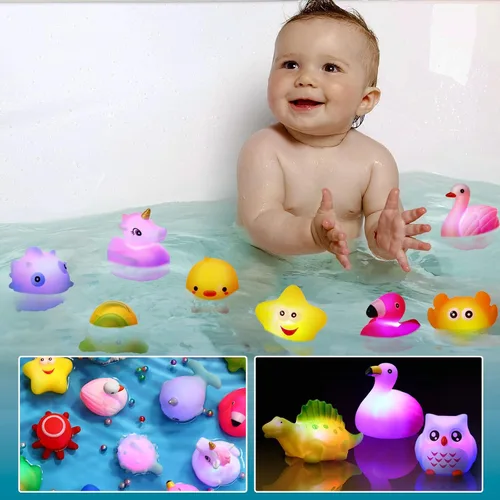 Vista 4 de Paquete de 24 juguetes iluminados para el baño del bebé, juguetes flotantes de goma para niños pequeños, niños y niñas, luz intermitente que cambia