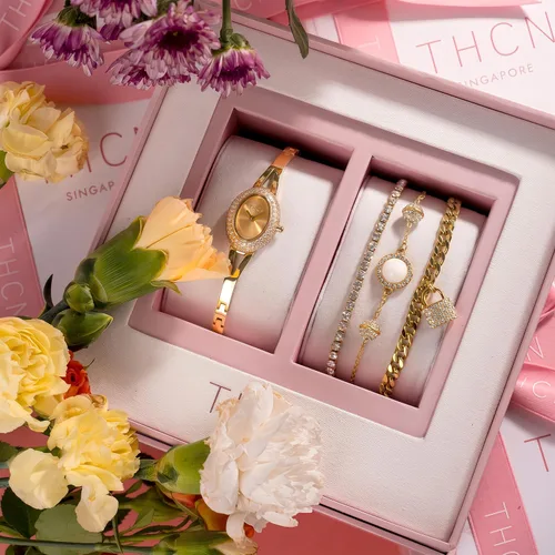 Vista 2 de THCN Women's Gold Watch & Bracelets Set, Ladies Dainty Watches Jewelry for Women with Crystal Bezel & Adjustable Bracelets, Luxury Jewelry Gift Set