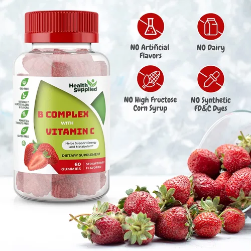 Vista 3 de Gomitas de complejo de vitamina B con sabor a fresa - Complejo B con vitamina C - Apoya el sistema nervioso y aumenta los niveles de energía - Ayuda