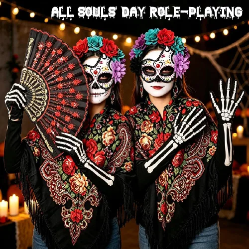 Vista 6 de Disfraz del Día de los Muertos de 4 piezas: chal mexicano, máscara