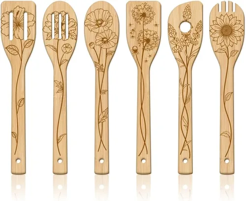 Vista 10 de GLOBLELAND Juego de 6 cucharas de madera de diente de león con diseño de mariposa y bambú, utensilios de cocina de madera grabada, juego