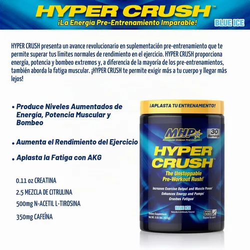 Vista 3 de MHP Hyper Crush - Polvo de preentrenamiento, creatina, energía, hielo azul, 30 serv