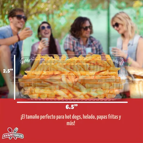 Vista 6 de Bandejas de plástico resistentes para perros calientes con bloqueo. Paquete de 25. Botes de presentación de alimentos desechables de primera calidad