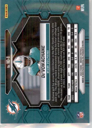 Vista 2 de 2023 Panini Mosaic NFL Debut #8 De'Von Achane Miami Dolphins Tarjeta Oficial de Fútbol Americano de la NFL en Condición Raw (NM o Mejor)