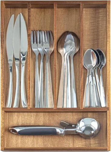 Vista 4 de KITEISCAT Organizador de cubiertos de madera de acacia, organizador de cajones de utensilios de cocina para tenedores, cuchillos y cucharas, bandeja