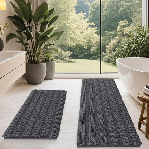 Vista 22 de ACCUMTEK - Juego de alfombras de baño a rayas beige de 3 piezas, ultrasuaves, antideslizantes de chenilla, alfombras de baño mullidas y absorbentes