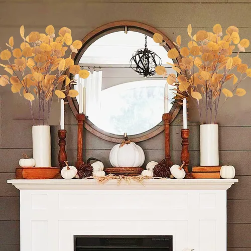 Vista 6 de 4 tallos de hojas artificiales de eucalipto de 33.8 pulgadas, ramas de eucalipto naranjas, flores de otoño falsas para el hogar, chimenea, granja