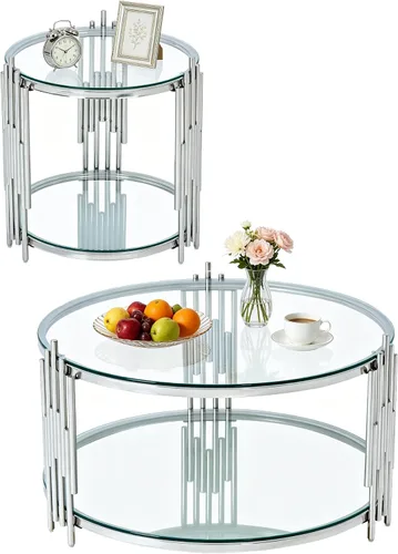 Vista 36 de Mesa auxiliar rectangular de vidrio de 48 pulgadas, mesa de centro de 2 niveles con parte superior de vidrio templado negro, patas de acero