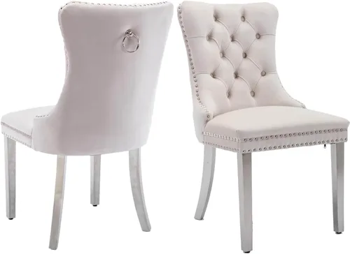 Vista 80 de Juego de 2 sillas de comedor de terciopelo beige, sillas de comedor tapizadas beige01