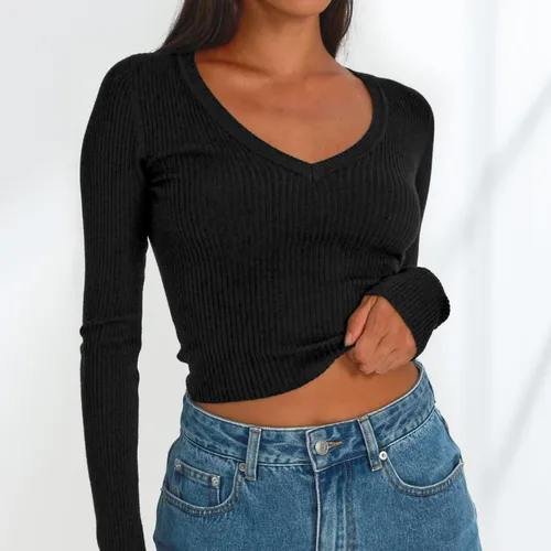 Vista 6 de Camisetas de punto acanalado de manga larga para mujer, color sólido, cuello en V, básicas, de moda