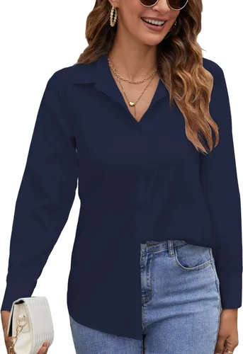 Vista 9 de Camisas de manga larga con botones para mujer, blusas casuales con cuello sin arrugas, para el trabajo, la oficina