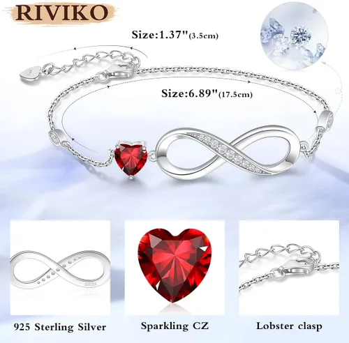 Vista 5 de RIVIKO Pulsera con dije de símbolo de corazón de amor infinito para mujer, plata de ley 925, ajustable, cumpleaños, Navidad, día de San Valentín