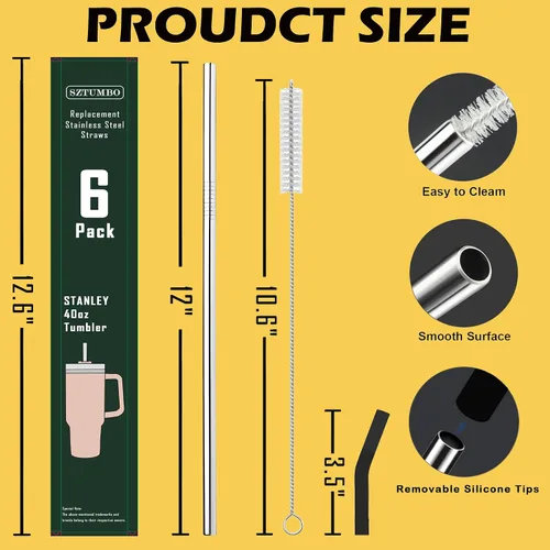 Vista 2 de Paquete de 6 popotes rectos de acero inoxidable reutilizables de 12 pulgadas, con 6 puntas de silicona y 2 cepillos de limpieza para vaso Simple
