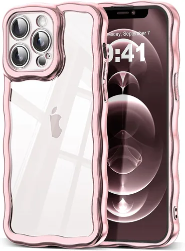 Vista 91 de SKYLMW Funda compatible con iPhone 12 Pro, diseño de ondas rizadas kawaii, borde chapado de lujo, elegante parte trasera transparente brillante, TPU