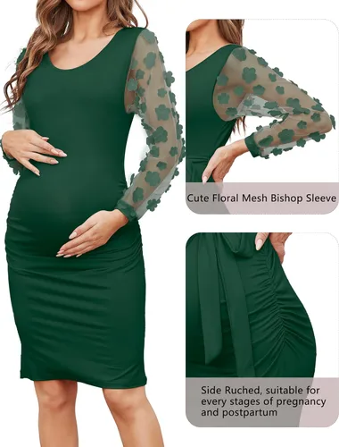 Vista 5 de Vestido midi de maternidad de manga larga con malla floral, vestido ajustado de maternidad para baby shower, sesión de fotos