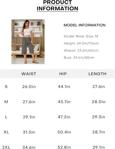 Vista 6 de Pantalones capri casuales de verano para mujer, ligeros, cintura elástica, pierna ancha, holgados, pantalones cortos de yoga con bolsillos