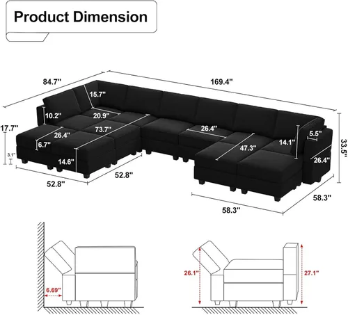 Vista 2 de Belffin Sofá modular en forma de U de gran tamaño con tumbonas dobles reversibles de terciopelo con almacenamiento, color negro
