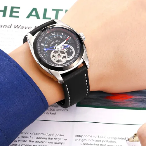Vista 2 de Prince Gera Hombre piel automática relojes Negro de Brown Única Esqueleto impermeable reloj Casual lumious