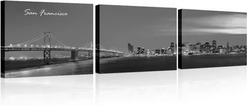 Vista 71 de TUMOVO 3 piezas de arte de pared en lienzo con diseño de horizonte de Atlanta, arte de pared panorámico de paisaje urbano en blanco y negro