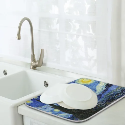 Vista 7 de Tapete de secado de platos de cielo estrellado para cocina, tapete de café, absorbente de agua, resistente al calor, tapete de microfibra