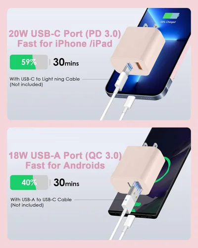 Vista 3 de Cable de carga rápida de 3 metros para iPhone 17/16e, paquete de 2 adaptadores Apple QC de 20 W con 2 puertos USB A+C y cable de carga rápida USB C