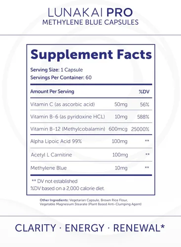 Vista 6 de Lunakai Cápsulas azul de metileno fabricadas en Estados Unidos de grado farmacéutico con vitamina C, B6, B12 – Suplemento diario de apoyo cerebral