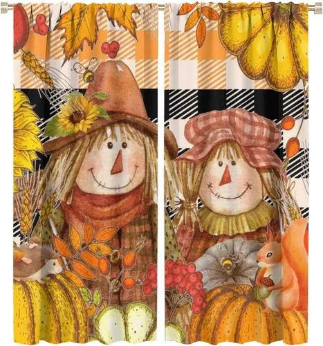 Vista 45 de Divertidas cortinas opacas de calabaza y espantapájaros para sala de estar, rústicas de otoño, hojas de arce, girasol, cosecha de otoño, puesta