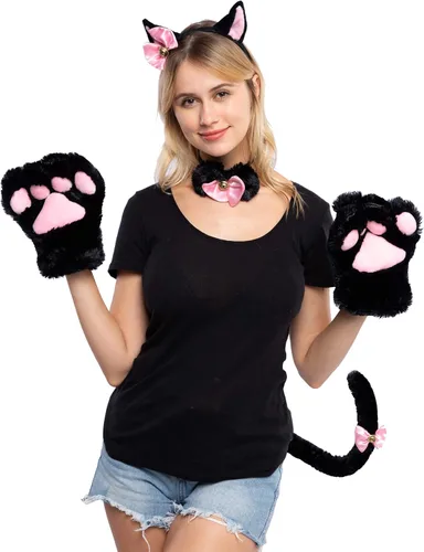 Vista 7 de Spooktacular Creations 5 Pcs Kitty Cat Costume Accessories with Cat Ears Headband, Paws Gloves, Bow Tie, Tail Accessories