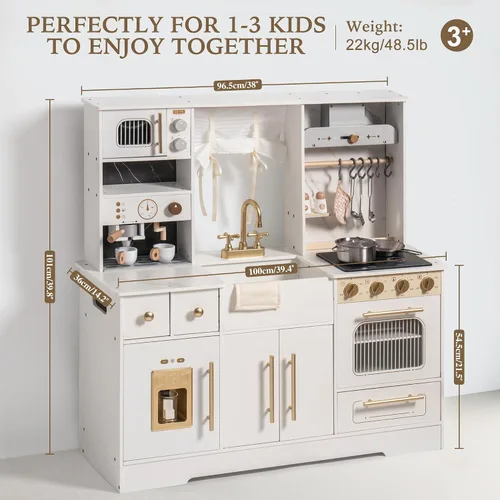 Vista 10 de ROBOTIME Juego de cocina de madera para niños pequeños y niños, juego de cocina de juguete con máquina de hielo y cafetera, juego de cocina realista