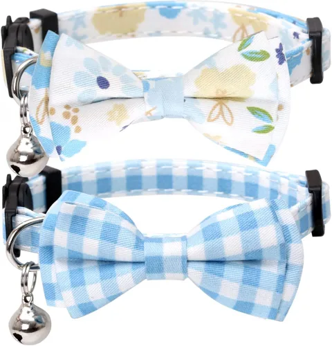 Vista 9 de Paquete de 2 collares de gato con pajarita y flor a cuadros de campana para gatito Azul