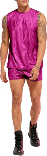Vista 3 de WDIRARA Conjunto de 2 piezas para hombre, camiseta sin mangas holográfica y pantalones cortos con cordón