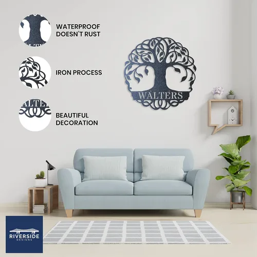 Vista 2 de Riverside Designs Cartel de decoración de pared con monograma de árbol de la vida, personalizado, para pared, resistente y resistente al agua