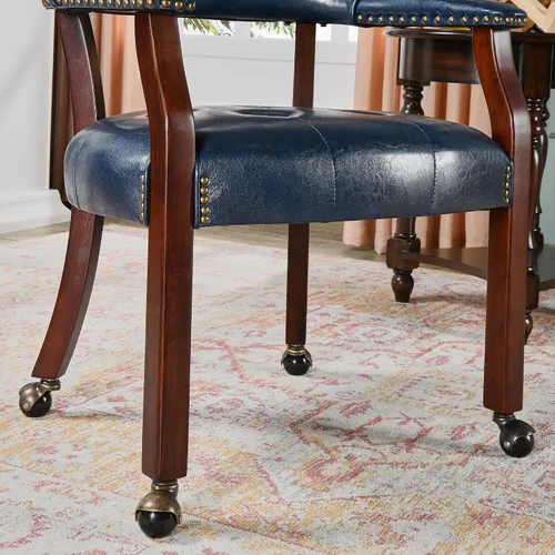 Vista 8 de Sillas de comedor con ruedas y brazo, sillas de capitán Caster Boss con patas de madera maciza, sillas de escritorio de oficina con botón tapizado
