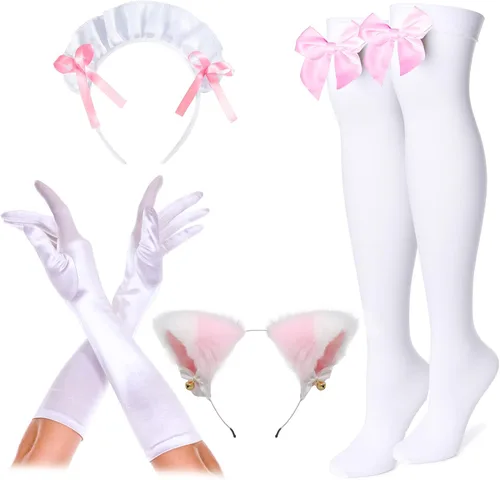 Vista 5 de Juego de delantal de sirvienta de gato francés de anime para cosplay, disfraz de cosplay (rosa, S)