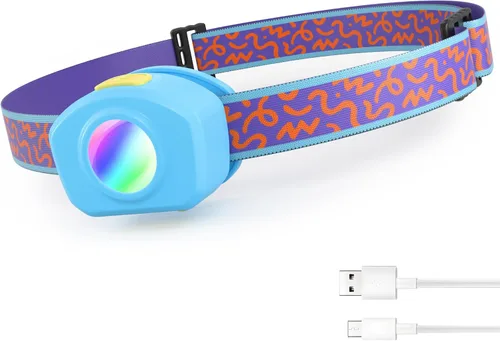 Vista 12 de EverBrite Linterna frontal LED recargable para niños con modo RGB y diadema ajustable, 3 modos multicolor para acampar, leer, explorar, Halloween