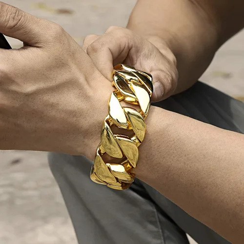 Vista 6 de ROWIN&CO Jewelry - Enorme pulsera gruesa de 1.260 in para hombre, resistente, chapado en oro amarillo de 18 quilates, cadena cubana de acero
