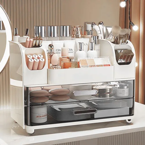 Vista 8 de Organizador de maquillaje con cajones para tocador, organizador de encimera de baño con soporte para brochas, organizador de almacenamiento