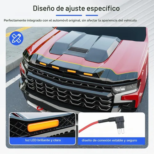 Vista 2 de Protector de capó con luz LED compatible con Chevy Silverado 1500 2019-2026, deflector de capó negro brillante de tres secciones, protector de luz