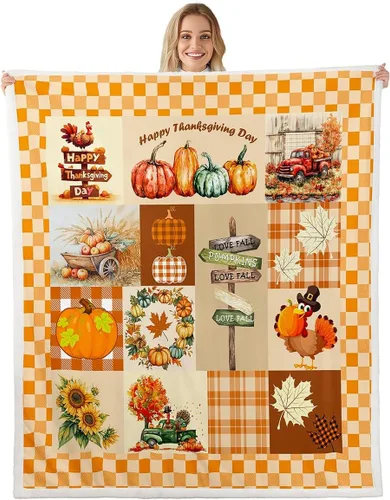 Vista 16 de Fall Scarecrow Throw Blanket,Retro Autumn Pumpinks Squirrel Bed Plush Blanket for Living Room Decor,Rustic Farmhouse Sunflowers Couch Bed Sofa Soft
