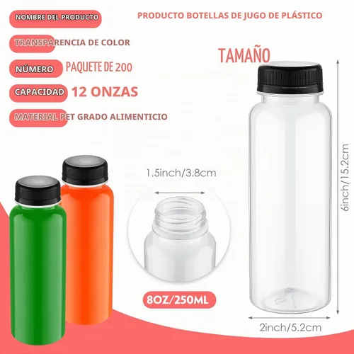 Vista 2 de Tanlade - Paquete de 200 botellas de plástico para jugo con tapas reutilizables, 8 onzas, color negro Empty PET Drink Containers, Leak-proof Lids