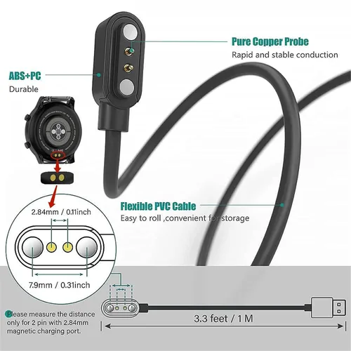 Vista 5 de Cable cargador de reloj inteligente, universal de 2 pines 0.112 in, cable de carga USB de succión magnética para reloj inteligente, cable de carga