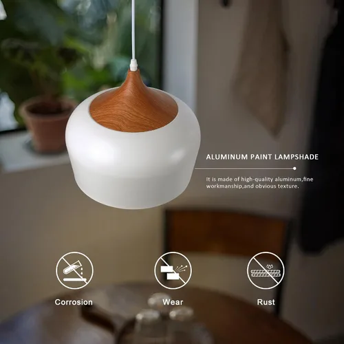 Vista 2 de SUNLLOK Lámpara colgante blanca moderna, con patrón de madera, cúpula minimalista hacia abajo, lámpara colgante de techo, lámpara industrial