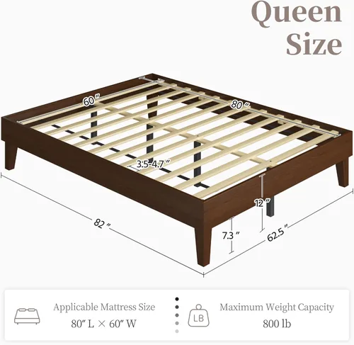 Vista 2 de Yaheetech Base de cama Queen con plataforma de madera maciza natural con soporte de listones de madera, espacio debajo de la cama de 7.3 pulgadas