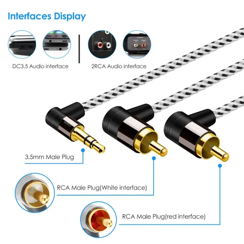 Vista 3 de CableCreation Cable de 0.138 in a RCA de 3 pies, ángulo 2RCA macho a 0.138 in macho estéreo adaptador divisor en Y compatible con teléfonos, laptop