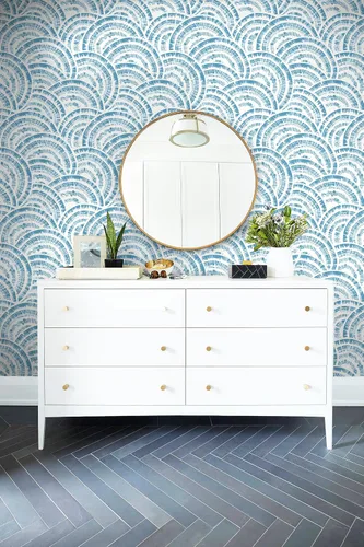 Vista 8 de Toduso Papel tapiz geométrico de 17.3 x 196.8 pulgadas, papel tapiz para despegar y pegar, papel de pared de círculo azul blanco y azul, papel