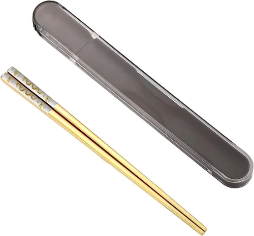Vista 12 de Palillos portátiles con diseño de tira, juego de palillos de metal reutilizables de acero inoxidable con revestimiento de titanio para la escuela