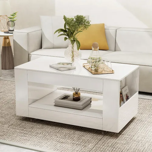 Vista 13 de Mesa de centro de grano de madera con estante abierto, mesa de cóctel moderna de alto brillo para sala de estar, dormitorio, oficina